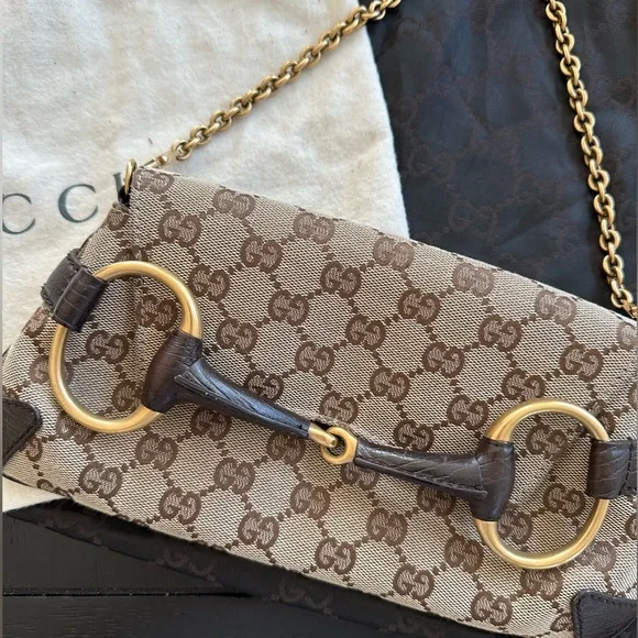 SOLD! Gucci Vintage Tom Ford GG Canvas Monogram Horsebit Chain Bag Brown - Picture 2 of 10